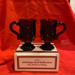 Set of 2 Avon Cape Cod Pedestal Coffee Mugs Tea Cups Art Glass Embossed Red